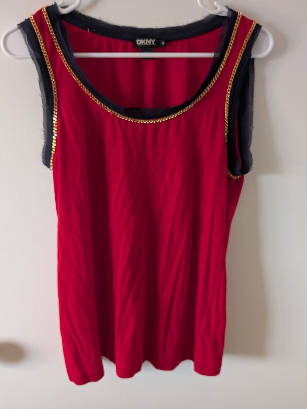 DKNY Red Tank Top with NavyTrim and Gold Chain Detail